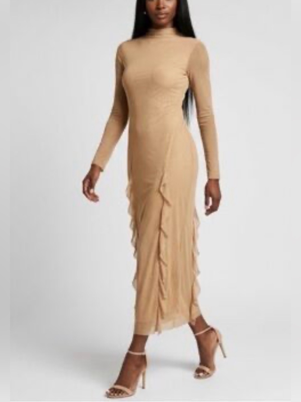 Zara Beige Long-Sleeve Turtleneck Maxi Dress